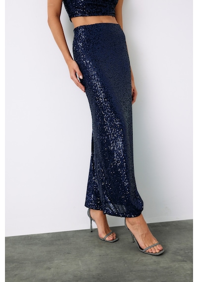 Sateen Pul Payetli Midi Etek - Lacivert-135193 Lacivert