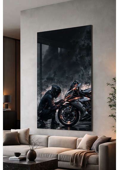 Siyah Kasklı Motorcu Cam Tablo