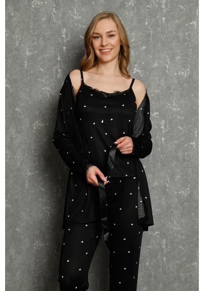 İbrahim Burak Etiler Collectıon Moda Çizgi Kadın %100 Pamuk 3'lü Sabahlık Pijama Takım 16103 Siyah