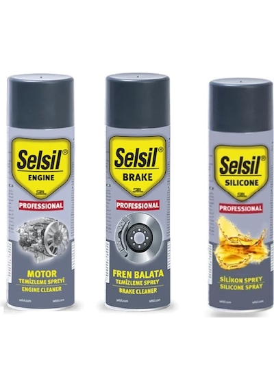 Selsil Oto Bakım Seti Motor Temizleme Spreyi 500 Ml, Silikon Sprey 500 Ml, Fren Balata Spreyi 500 Ml 1 adet