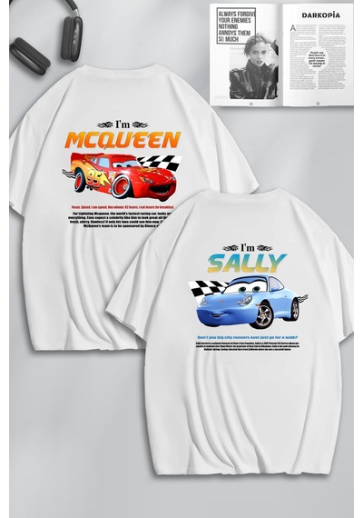 Unisex Cars Şimşek Mcqueen Ve Sally Sırt Baskılı Sevgili Çift Kombini Tasarım Oversize T-shirt 2li Beyaz Mck0535 Beyaz