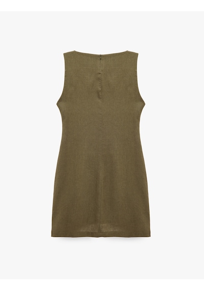 Koton Keten Karışımlı Slim Fit Drapeli Yuvarlak Yaka Metal Aksesuarlı Kolsuz Mini Elbise Haki 6sak80191pw