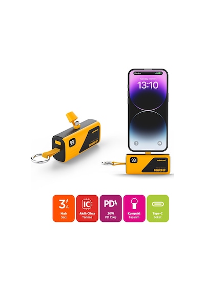 Polosmart Psm132 Taşınabilir Dijital Göstergeli 20w Pd Çıkışlı Şarj Cihazı Powerbank 5.000 Mah Sarı Sarı