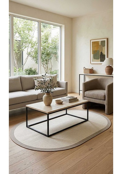 Natura Sisal Hasır Görünümlü Çerçeveli Oval Halı Ntr01 Sütlü Kahve-krem Kemik-krem