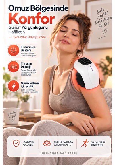Şarjlı Isıtmalı Titreşimli Kırmızı Işıklı Led Ekranlı Diz Dirsek Omuz Uyumlu Masaj Aleti Beyaz