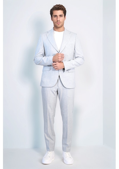 Açık Gri Slim Fit İki Düğmeli Keten Görünümlü Erkek Takım Elbise - Wessi Açık Mavi