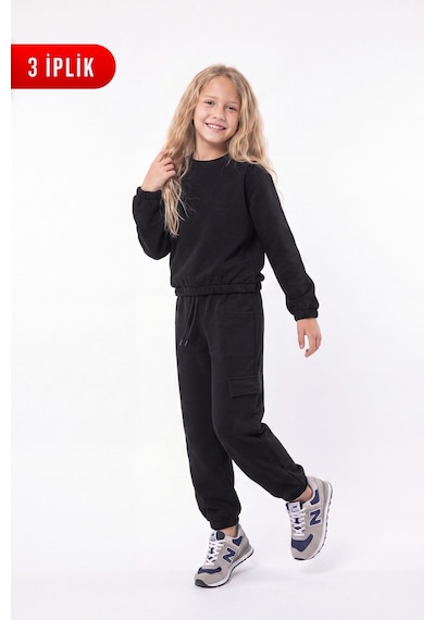 Fyk Kids 3 İplik Kız Çocuk Düz Kısa Bel Sweatshirt Bisiklet Yaka Eşofman Takımı Siyah