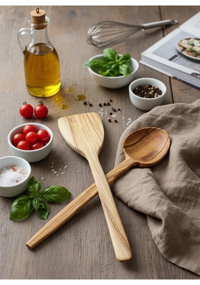El Yapımı Doğal Zeytin Ağacı 5 Parça Mutfak Seti - Zindeliklı Pişirme Ve Servis Gereçleri 3 Boy Kaşık, Spatu