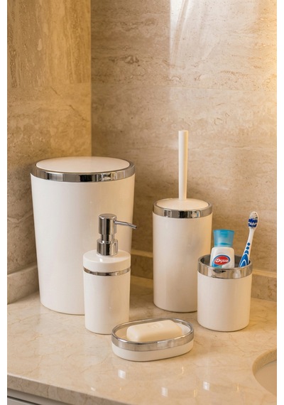 Makri Home 5 Parça Akrilik Banyo Seti, Şık Ve Kaliteli Akrilik, Gümüş Renk Detaylı, Beyaz Beyaz