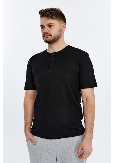 Erkek Henley Yaka %100 Pamuklu Dokulu Kumaştan Kısa Kollu Günlük Basic Tişört SIYAH