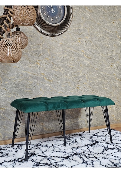 Zafir Metal Siyah Tel Ayaklı 100 Cm Puf Bench - Puf - Bench - Oturak - Mutfak Oturağı - Antre Oturağı Yeşil
