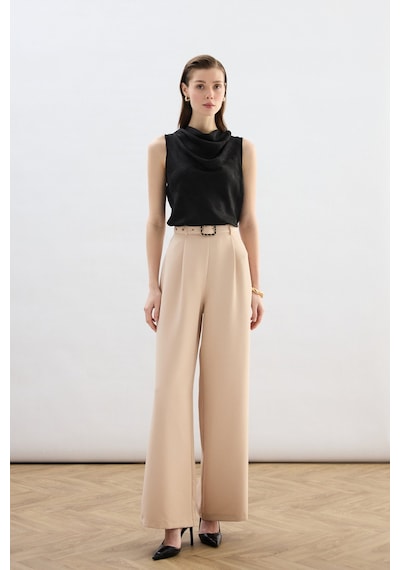 Sateen Kemerli Bol Pantolon - Bej-136821 Bej