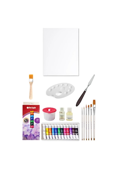 Red Apple Tüp Yağlı Boya Seti 12 Ml 12'li 35x50 Tuval Seti Metal Spatül Zemin Fırça Resim Paleti Çok Renkli