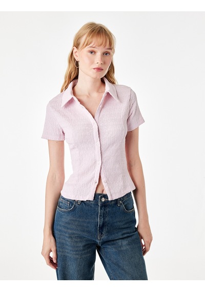 Koton Regular Fit Kısa Kollu Düğmeli Bürümcük Kumaş Polo Yaka Bluz Pembe 7wal60015ık Gül
