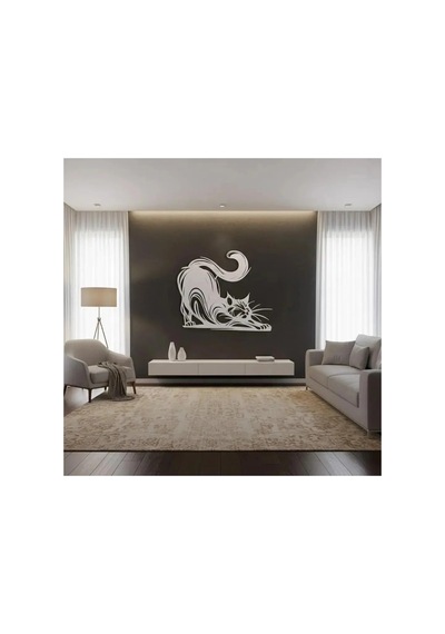 Dekoratif Metal Kedi Duvar Tablosu - Metal Duvar Sanatı - Mor - 75 X 60 Cm
