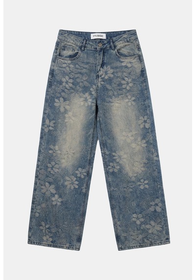 Kadın Mavi Baggy Fit T12t Özel Desenli Kumaş Parlak Taşlı Tasarım Denim Jean