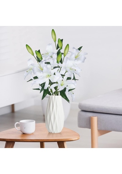 Yapay Çiçek Beyaz Lilyum 3 Kafalı Uzun Dal Çiçek Zambak Lily Flowers 80cm