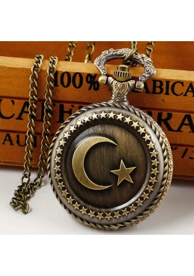 Ay Yıldız Tasarımlı Antik Köstekli Cep Saati Zincirli Vintage Nostaljik Saat 4,5 Cm