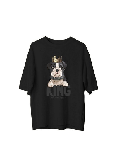 Paybuy Kadın Oversize Grafik Baskılı Tişört Sevimli Köpek Tacı Taşıyan E Siyah