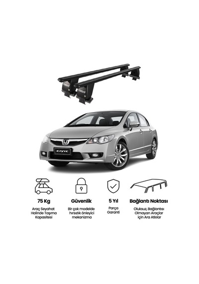 Royal Honda Civic Vııı 2006-2011 Uyumlu Siyah Kilitli Ara Atkı Port Bagaj Tavan Barı
