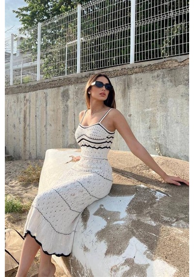 Asur Boutique Asur Butik Askılı Triko Elbise Uzun Ajurlu Bej Renk Astarsız Plaj Elbisesi