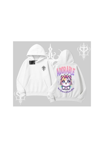 Adorable Kawaii Kedi Arka Baskılı Kapşonlu Sweatshirt