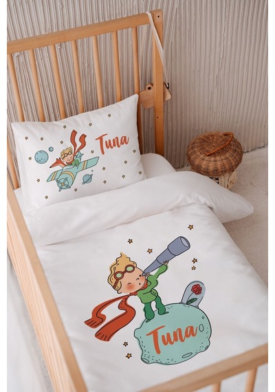 %100 Pamuk Saten Isme Özel Isimli 100x150 Bebek Yatak Nevresim Seti Küçük Prens Ve Gül