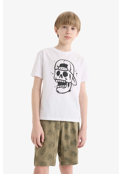 Defacto %100 Pamuklu Regular Fıt Desenli Beli Lastikli Pijama Takımı Erkek Çocuk E0019A825SM Beyaz