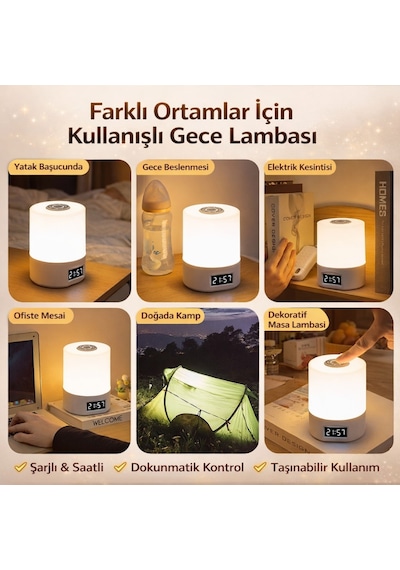 Polham 1200mah Şarjlı Saatli Dokunmatik Led Masa Lambası, 3 Işık Modlu, Parlaklık Ayarlı Gece Lambası Beyaz