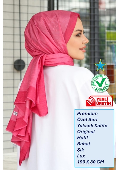 Premium Lux Original Monogram Şal İpek Vual, Yüksek Kalite, Hafif, Rahat, Şık, Tesettür, Shawl Fuşya