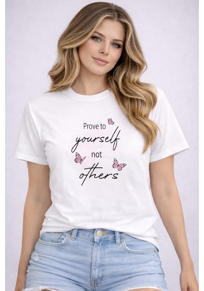 Herkesemoda Prove To Yourself Detaylı Basic T-shirt Beyaz