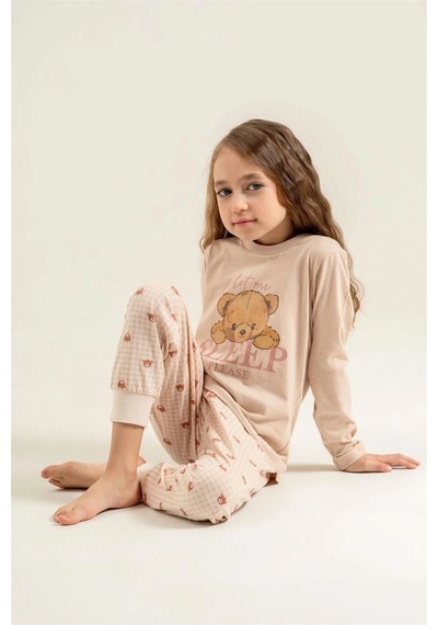 Rolypoly Kız Çocuk Baskılı Pijama Takımı Bej Rp3915-3