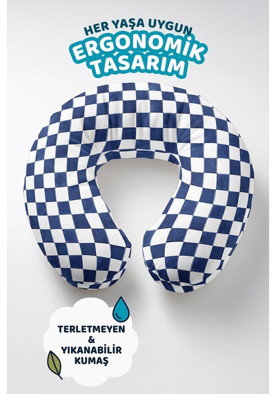 Lacivert Ekose Desenli Ergonomik Boyun Yastığı-modern Kare Desen Mavi Beyaz Yetişkin Seyahat Yastığı Soluk Sisli Hardal