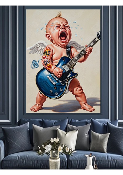Ahşap Tablo Ağlayan Bebek Gitar Çalıyor Dekoratif Tablolar