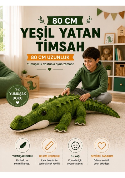80 Cm Peluş Timsah Yumuşak Oyuncak Uyku Arkadaşı Sevimli Peluş Timsah Yeşil