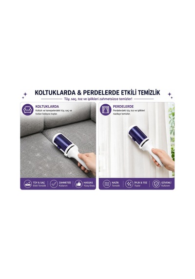 Tr Myclean Elektrostatik Tüy Toplama Rulosu Hazneli Yeniden Kullanılabilir Tüy Toplayıcı Kıyafet, Koltuk, Halı,