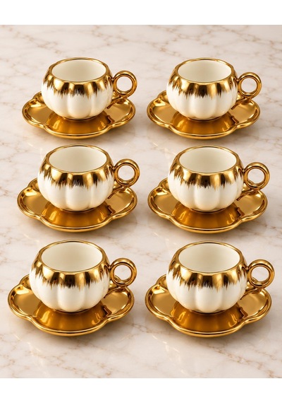 Valkyrie 6 Kişilik Beyaz Gold Balkabağı Model Türk Kahvesi Fincan Takımı 12 Parça 80 Ml Çeyizlik Byz
