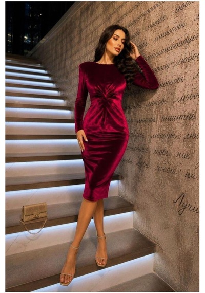 Lior Design Kadın Sade Kadife Kumaş Bisiklet Yaka Vatkalı Midi Abiye Elbise Kırmızı