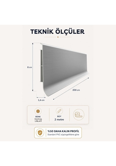 Linela Suya Dayanıklı Pvc Süpürgelik 8 Cm - Gümüş - Lnl411