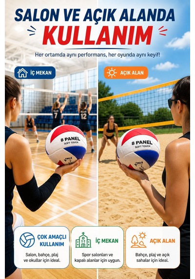 Voleybol Topu 5 No Kırmızı Mavi Soft Touch 8 Panel Dikişli Antrenman Okul Ve Oyun Topu