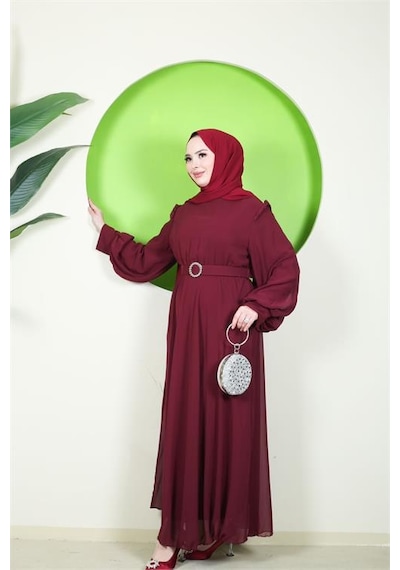Neşeli Butik Kadın Bordo Tül Kumaş Kemer Detaylı Büyük Beden Tesettür Elbise Nbft006 Bordo