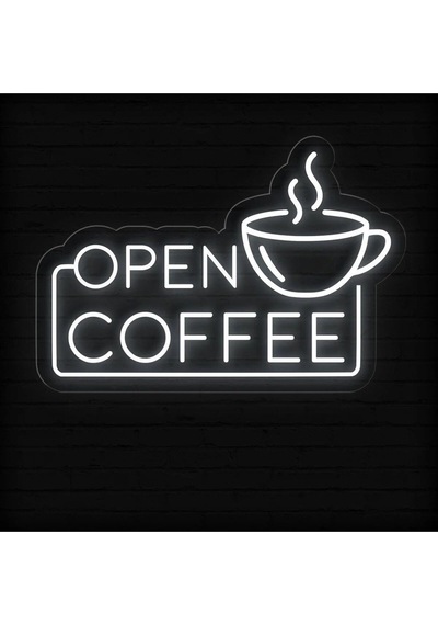 Open Coffee Yazılı Ve Şekilli Neon Tabela Beyaz