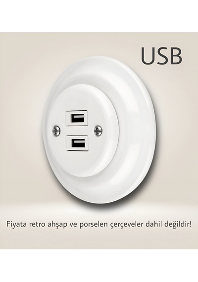 Porselen 2 Girişli Priz Usb Beyaz Dahili Usb Priz