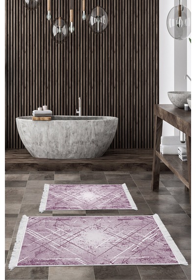Dekoreko Kaymaz Taban Djt 2 Li Banyo Paspas Takımı Trend Saçaklı Modern M5003 Mor