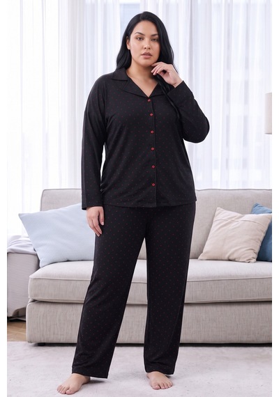 Siyah İnci Siyah Desenli Termal Kumaşlı Ultra Soft Yumuşak Büyük Beden Battal Boy Düğmeli Örme Pijama Takımı Siyah İnci Siyah Desenli Termal Kumaşlı Ultra Soft Yumuşak Büyük Beden Battal Boy Düğmeli Örme Pijama Takımı