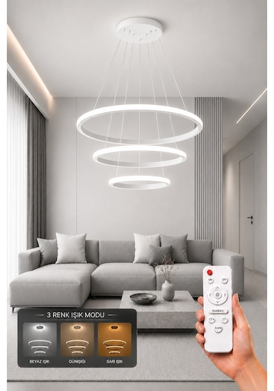 Rizon 3 Lü Led Sarkıt Avize 3 Renk Kumandalı Beyaz