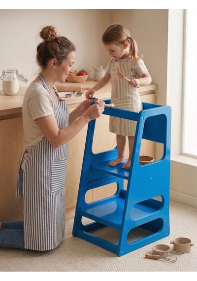 Kaidan Cobalt Blue Renk Çocuk Öğrenme Kulesi-etkinlik Kulesi Ayarlanabilir Basamaklı Doğal Mdf
