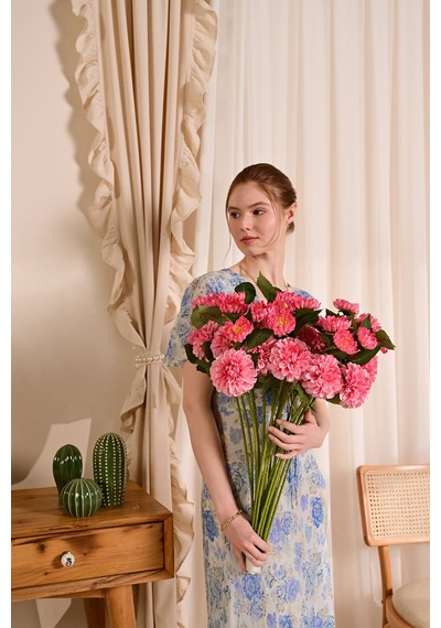 Pembe Yapay Dahlia Yıldız Çiçeği 2 Dallı Lüx İpeksi Dokulu 65 Cm