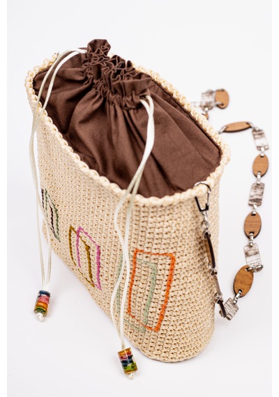 Fabric Craft Bag Örgü Omuz Çantası Metal Zincir Askılı Astarlı Boho Bej - Sütlü Kahve