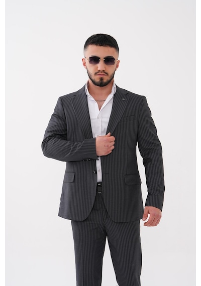 Dupont Classics Dupont Slim Fit Mono Yaka 6 Drop Çift Yırtmaç Çizgili 2'li Takım Elbise Gri